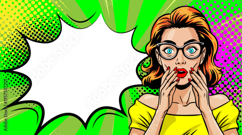 Pop Art Woman with Brown Hair and Glasses Hands on Face Shocked - Retro Comic Book Style Illustration with Green Speech Bubble