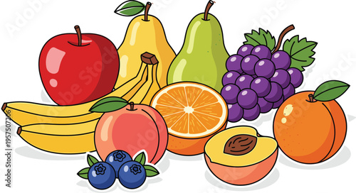 Fresh Fruit Group Composition Featuring Apple Pears Grapes Bananas Blueberries and Orange Slices for Healthy Food Branding Nutrition Blogs and Grocery Store Graphics