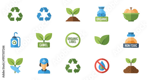 Ecology and Sustainability Icon Set: Recycling, Organic Label, Non-Toxic, Green Living, Environmental Protection, and Nature Conservation Vector Symbols