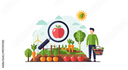 Organic Food Quality Control & Sustainable Farming Illustration with Fresh Produce Harvest