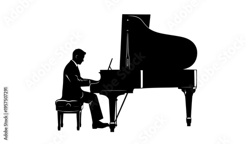 Man playing grand piano silhouette vector side view elegant music performance isolated on white background