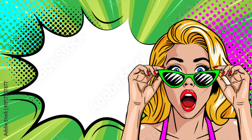 Pop Art Blonde Woman Adjusting Green Sunglasses Surprised - Retro Comic Book Style Illustration with Green Speech Bubble
