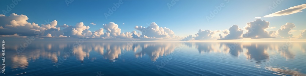 Fototapeta premium An expansive view of the ocean under a clear sky. From the perspective of the viewer, the ocean stretches out to meet the horizon where clouds are visible