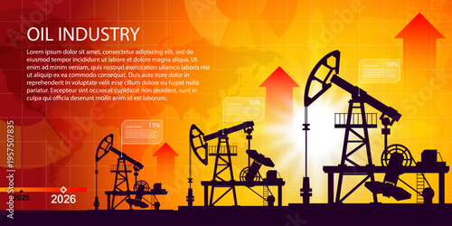 A view of oil rigs working during sunset in the oil industry. The scene shows production and growth numbers for the years 2025 and 2026. The sky has colors of orange and yellow