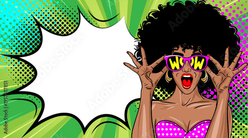 Pop Art African American Woman with Afro Hair and WOW Sunglasses Hands Up - Retro Comic Book Style Illustration with Green Speech Bubble