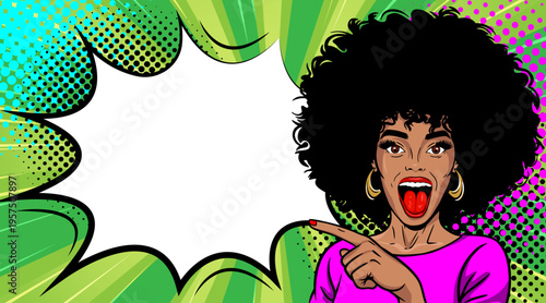 Pop Art African American Woman with Afro Hair Pointing Finger - Retro Comic Book Style Illustration with Green Speech Bubble and Comic Elements