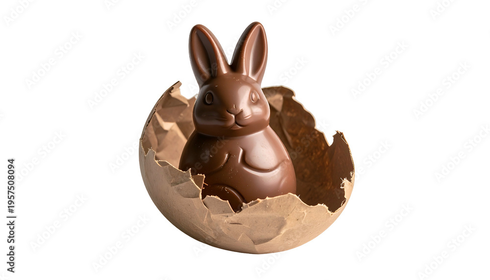 Obraz premium A chocolate bunny emerges from a cracked paper egg against a black backdrop