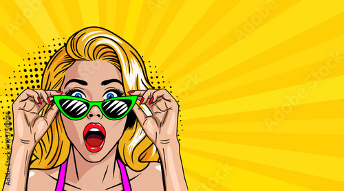 Pop Art Blonde Woman Adjusting Green Sunglasses Surprised - Retro Comic Book Style Illustration on Yellow Sunburst Background