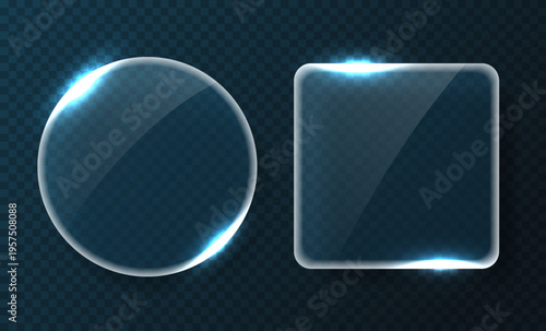 Trendy Round and Square Transparent Glass Elements with Glassmorphism Effect Button for Ui UX Design and Modern Interfaces. Rounded Rectangles, Circles and Buttons with Frosted Blur Overlay. Glass