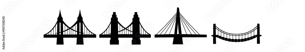 Fototapeta premium Bridge silhouettes black, flat, line flat vector icon