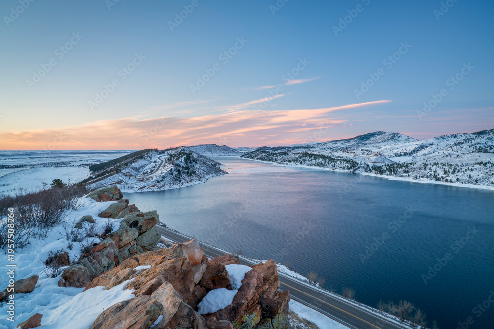 Fototapeta premium mountain lake in winter sunrise scenery - Horsetooth Reservoir and Centennial Road near Fort Collins, Colorado