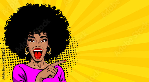 Pop Art African American Woman with Afro Hair Pointing Finger - Retro Comic Book Style Illustration on Yellow Sunburst Background