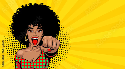 Pop Art African American Woman with Afro Hair Pointing Finger - Retro Comic Book Style Illustration on Yellow Sunburst Background