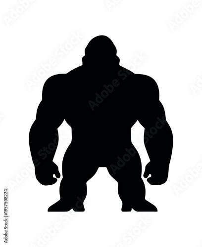 Bold black silhouette of a heavily muscular humanoid standing with arms slightly bent on white background