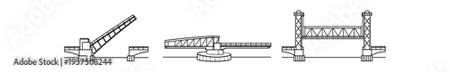 Bridge outline, line, technical three style elevations flat vector illustration