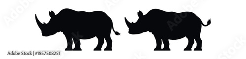 Rhino pair black silhouette side profile two animals flat vector icon