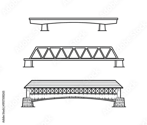 Bridge three style outline, line, black elevation drawings flat vector icon