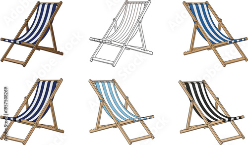 Beach Deck Chair Collection Set with Striped Fabric Variations in Wooden Frame Design for Summer Vacation and Outdoor Relaxation Illustration