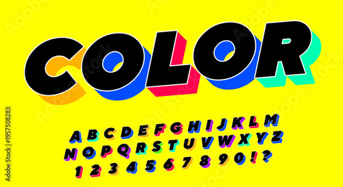 Colorful 3D Alphabet Font Set - Retro Pop Art Style Typography with Bold Black Letters and Multicolored Shadow Effects on Yellow Background