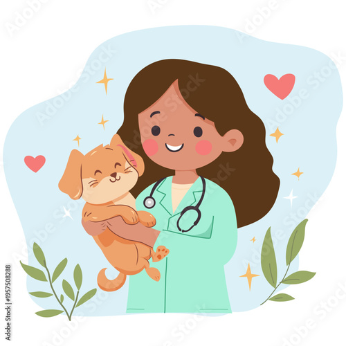 A vet clinic worker, animal doctor with stethoscope and puppy. World Veterinary Day. Isolated vector illustration in flat style for flyer, banner, landing page, blog of veterinary clinic, hospita