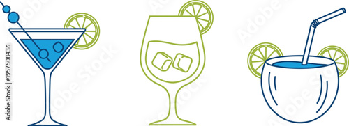 Cocktail Drink Icon Set with Lime Garnish and Refreshing Beverages in Line Art and Flat Illustration Style for Bar and Menu Design