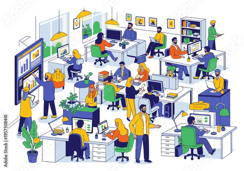 Busy office scene with people working at desks and collaborating