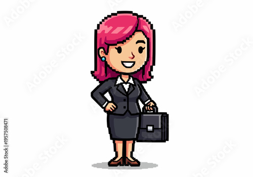 Pixel art of a smiling businesswoman with pink hair holding a briefcase