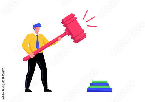 Man holding large gavel and hitting books stacked on top of each other