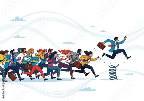 Business people running in a competitive race with one man jumping ahead