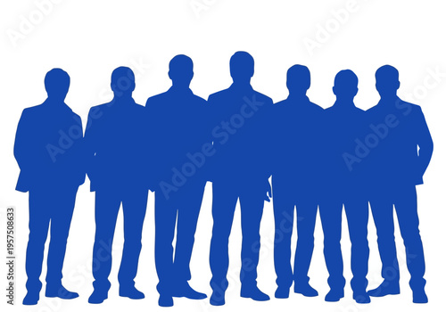 Blue silhouettes of seven businessmen standing together