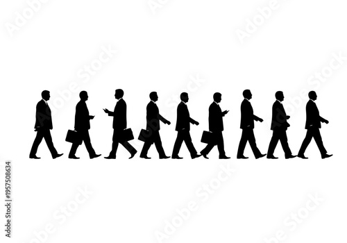 Silhouettes of businessmen walking in a line carrying briefcases and devices