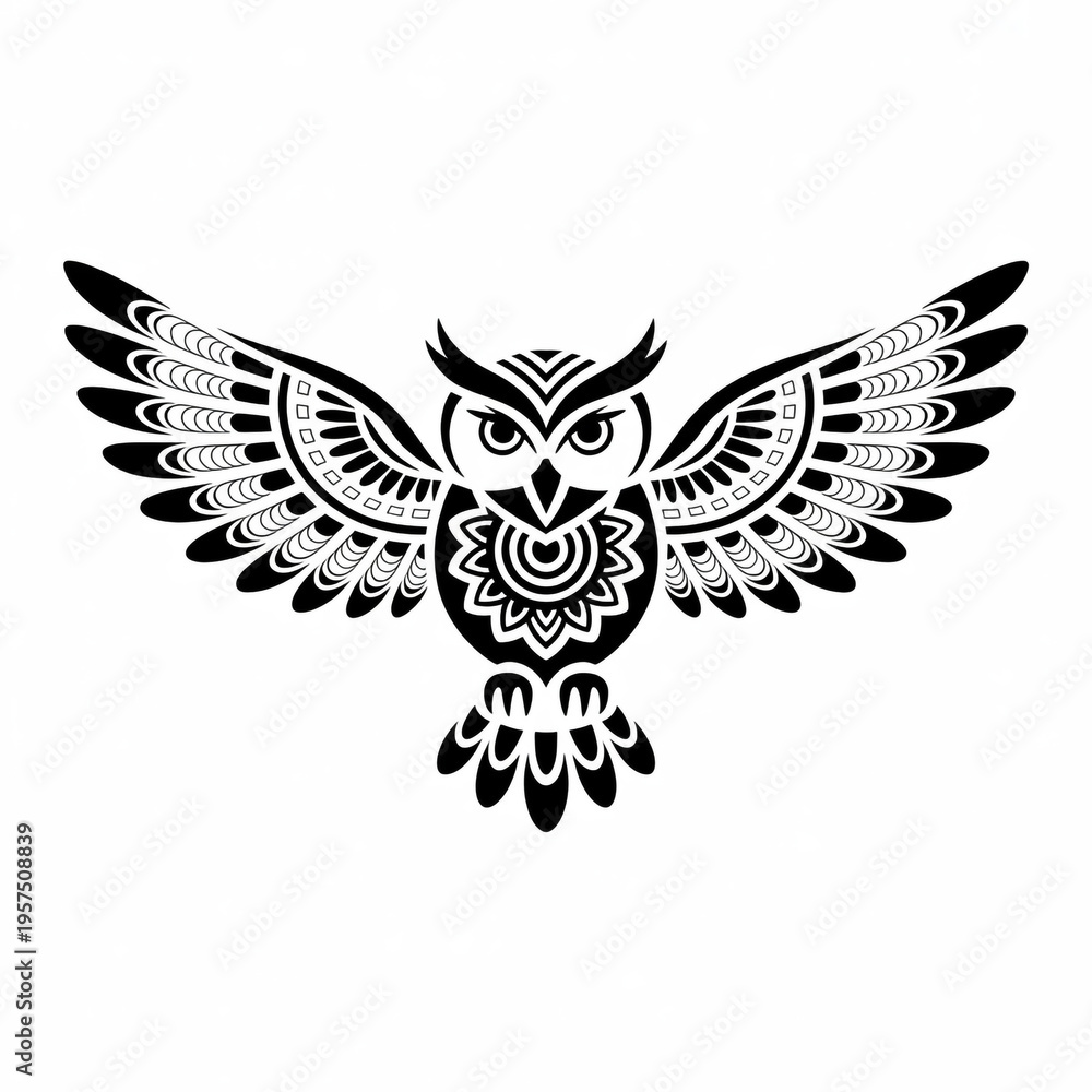 Obraz premium Black and white owl vector illustration with ornate feather patterns flying