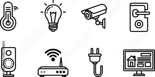 A set of vector line art silhouettes depicting various smart home devices and technology icons