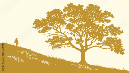 Lone person walking towards a large, solitary tree on a grassy hill in golden silhouette