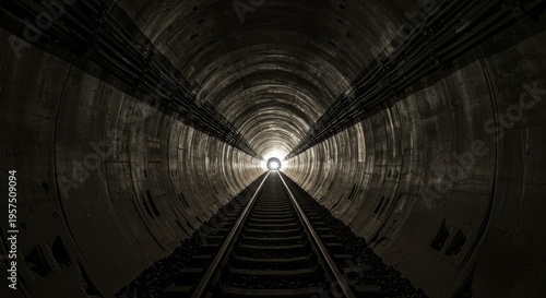 Dark underground railway tunnel with train tracks leading towards a bright glowing light at the end.