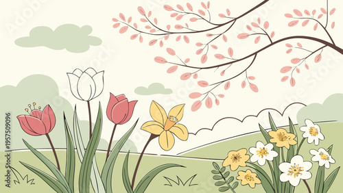 Spring garden scene with various flowers, a tree branch with pink blossoms and leaves, and soft clouds, flat design