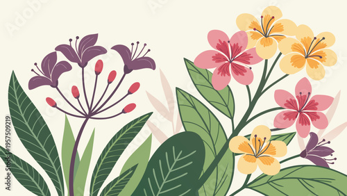 Exotic floral arrangement with stylized leaves and flowers in flat design, tropical botanical illustration with abstract shapes and soft colors, organic shapes
