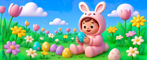Cute cartoon baby in pink bunny suit holding a blue Easter egg sitting in a blooming flower meadow, 3D render style, wide banner background with copy space.