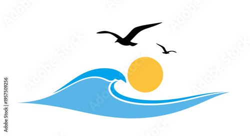 Vector illustration of wave, sun, and seagulls