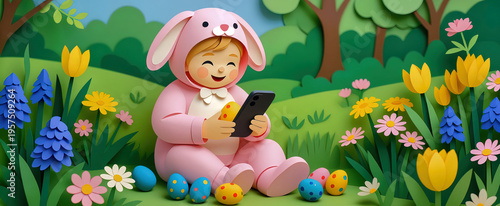 Cute child in a pink bunny suit holding a smartphone and an egg, layered paper cut style, panoramic spring banner with copy space.