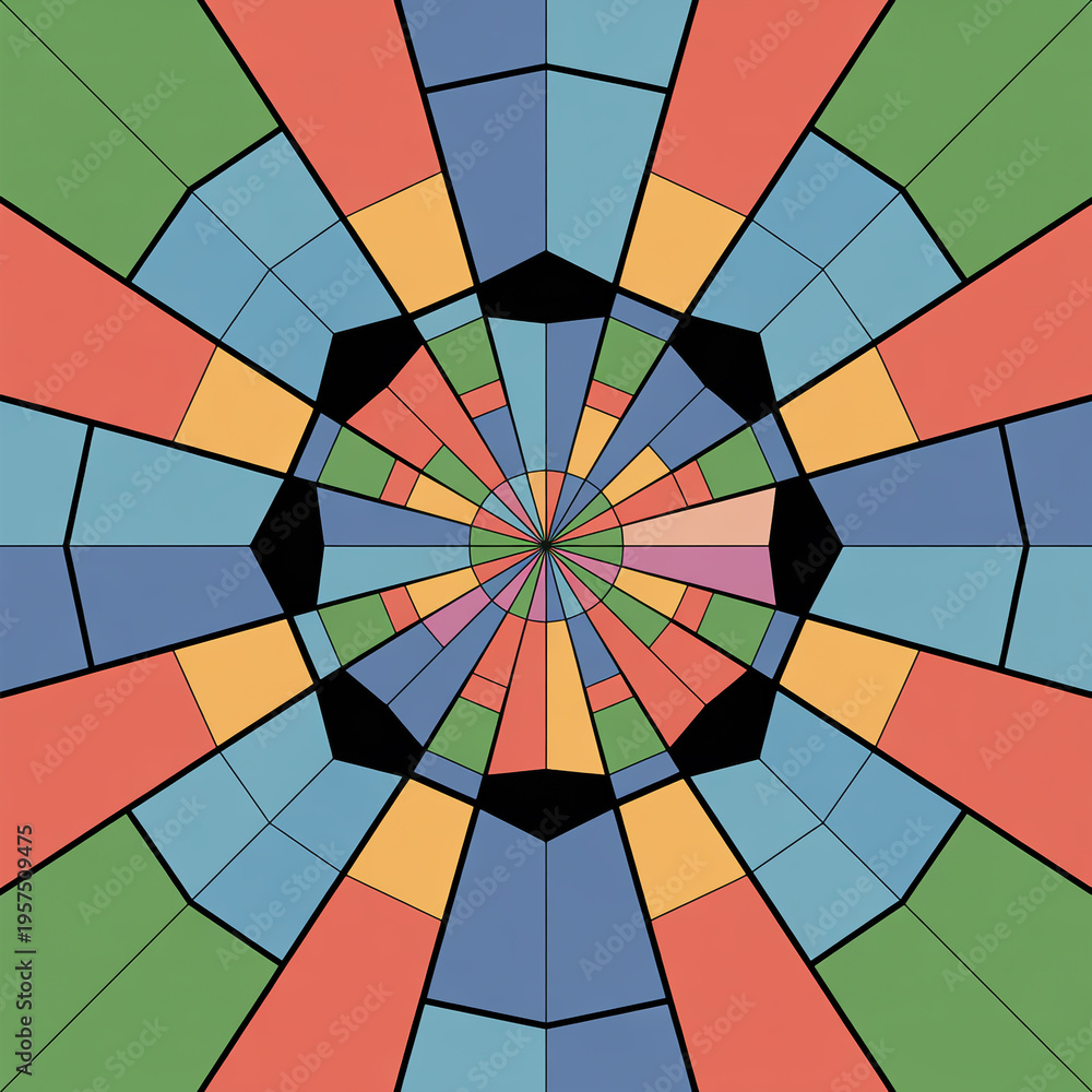 Fototapeta premium Vibrant geometric kaleidoscope pattern with bold colors and radial symmetry