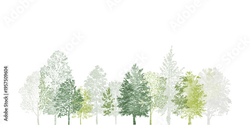 Architectural Drawings of Minimal CAD Tree Line Art, Side View Wetland Forest Section, Outline Set in Separate Elements, Landscape Design Vector Illustration for Professional Drafting and Planning Use