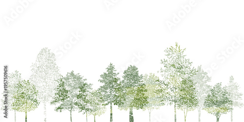 Architectural Drawings of Minimal CAD Tree Line Art, Side View Wetland Forest Section, Outline Set in Separate Elements, Landscape Design Vector Illustration for Professional Drafting and Planning Use