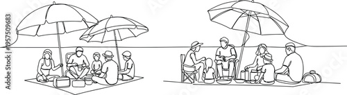 people under beach umbrella