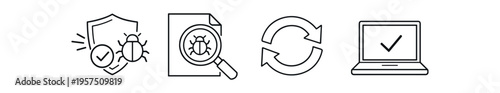Thin outline security icons including shield with check, document with magnifier, sync arrows and laptop.