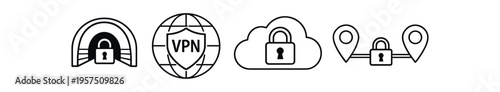 Lock and globe outline, vpn security symbol flat vector icon