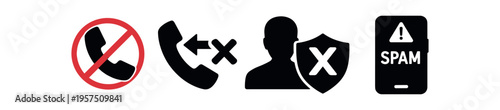 Four phone call blocking icons including prohibited call missed call blocked user and spam badge in bold style
