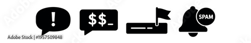 Five bold notification icons including alert bubble money message checkbox flag and spam bell