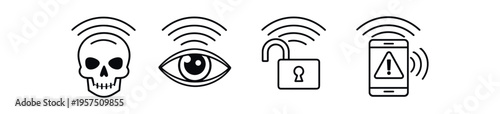Wifi threat outline icons, cybersecurity symbol flat vector illustration