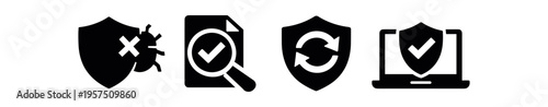 Black silhouette security icons showing shield with bug, document magnifier, sync shield and laptop protection.